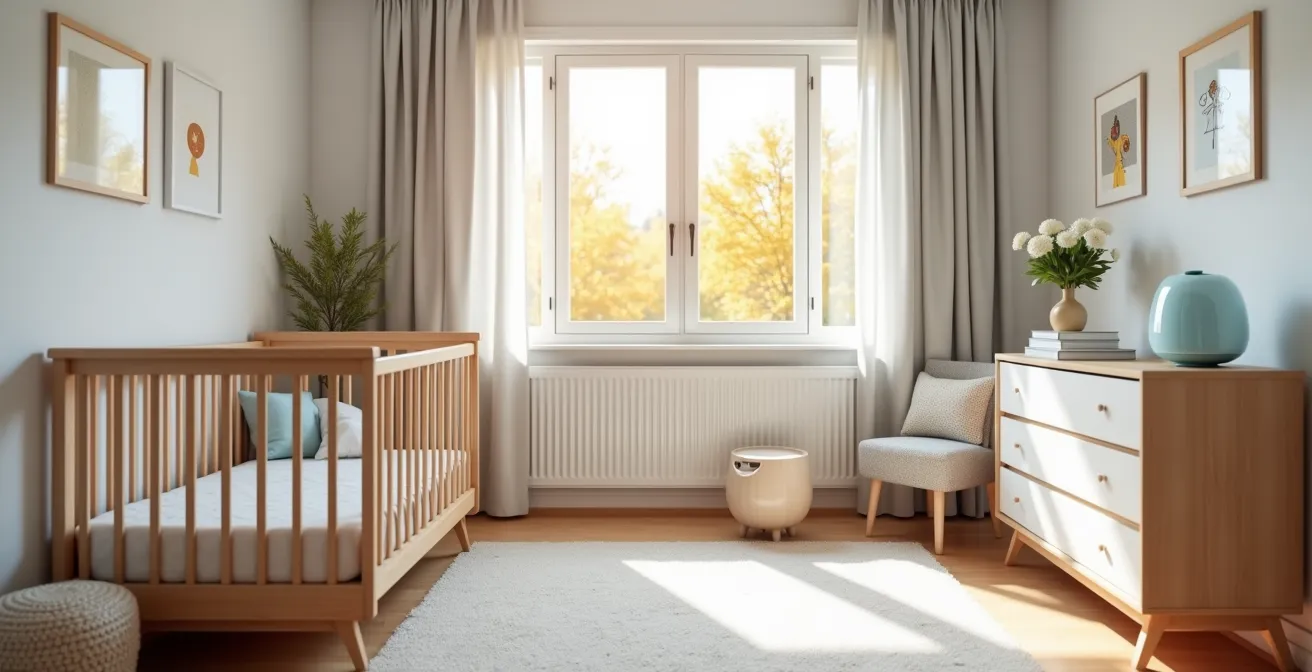 Chambre de bébé québécoise aérée avec humidificateur et thermomètre montrant une température idéale