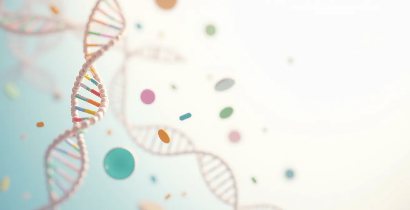 Brins d'ADN avec marqueurs épigénétiques colorés influencés par des éléments de style de vie environnants