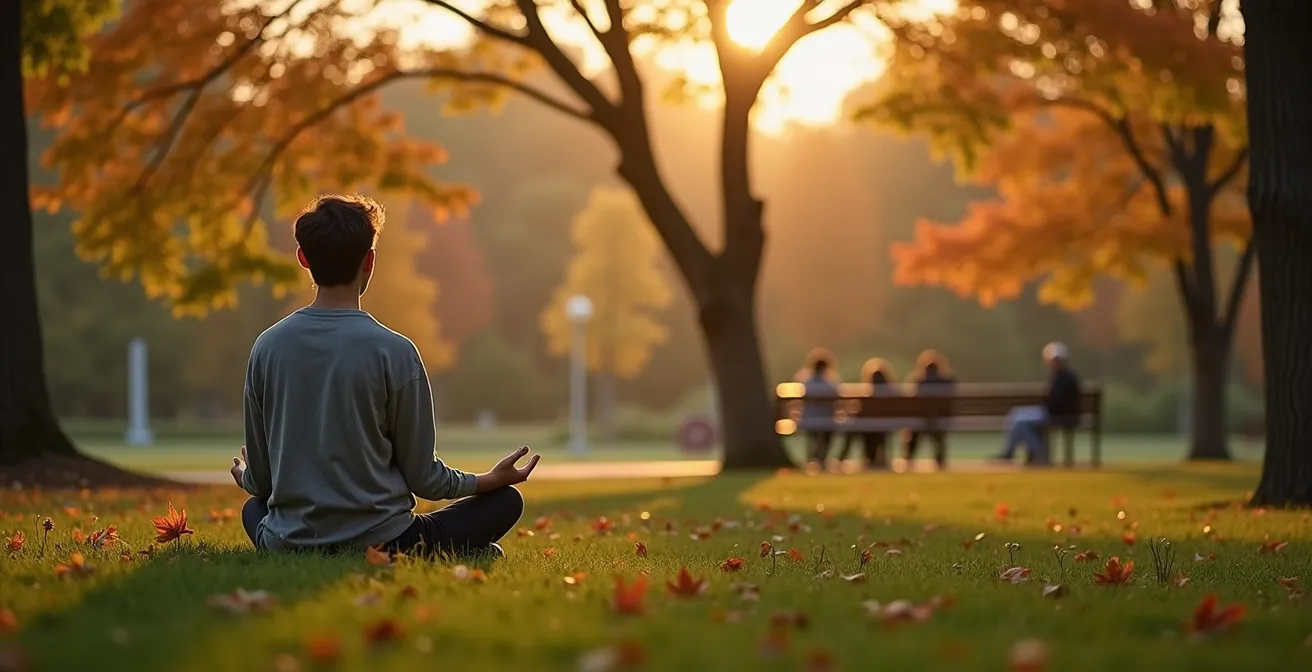 Personne en méditation dans un parc avec objets connectés posés à distance sur un banc