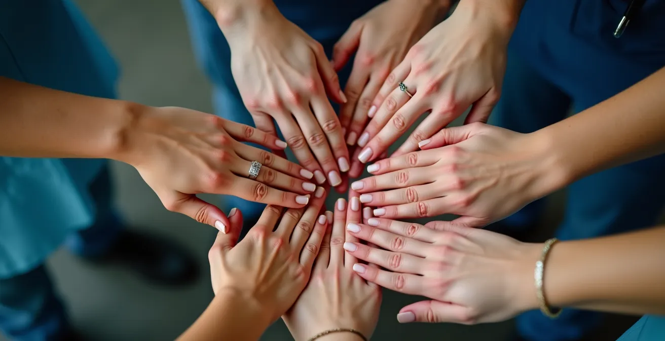 Équipe multidisciplinaire de soins de support en cancérologie réunie autour d'un patient