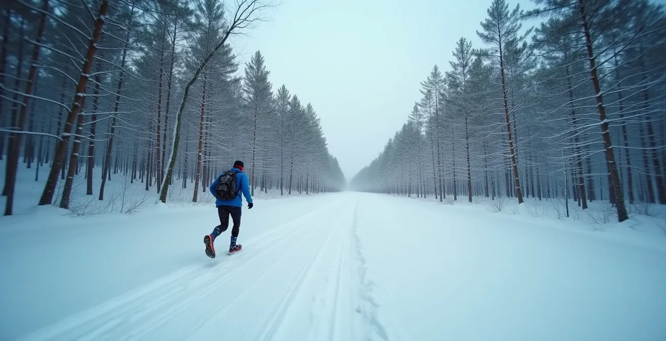 Coureur en raquettes dans un paysage hivernal québécois, symbolisant l'euphorie du sportif.