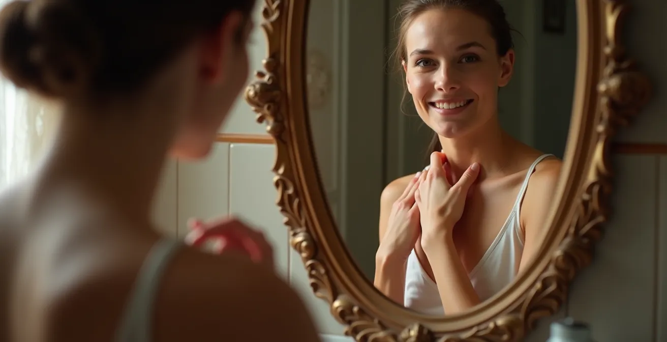 Personne examinant sa peau dans un miroir pour l'auto-surveillance des grains de beauté