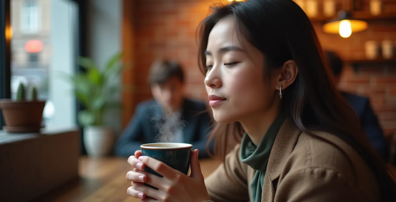 Personne pratiquant un exercice de pleine conscience avec une tasse de café dans un café montréalais