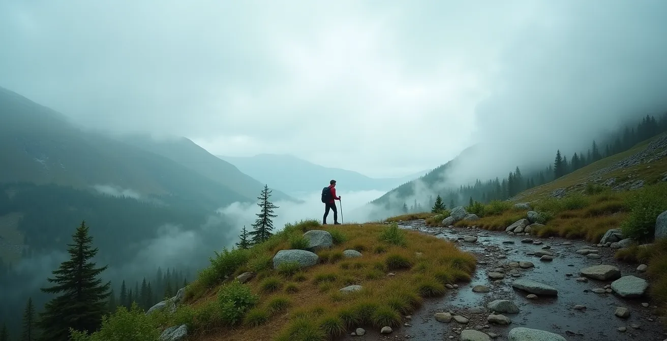 Randonneurs dans un environnement montagneux québécois illustrant les risques d'hypothermie estivale