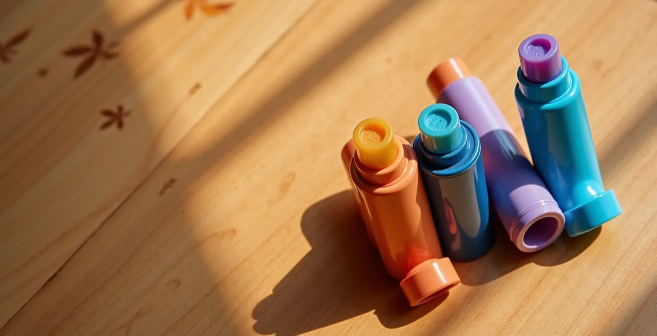 Arrangement artistique d'inhalateurs de différentes couleurs disposés sur une surface en bois, évoquant l'organisation du traitement quotidien.