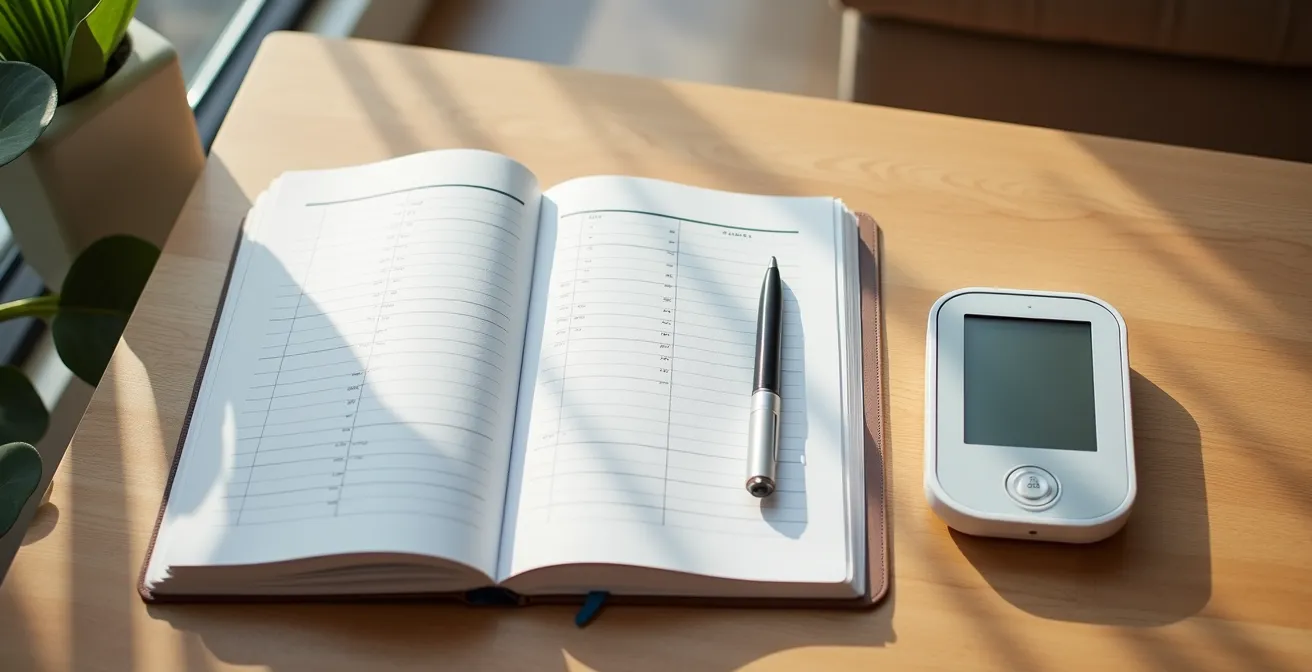 Journal de bord manuscrit avec stylo et tensiomètre automatique sur table de salon québécoise