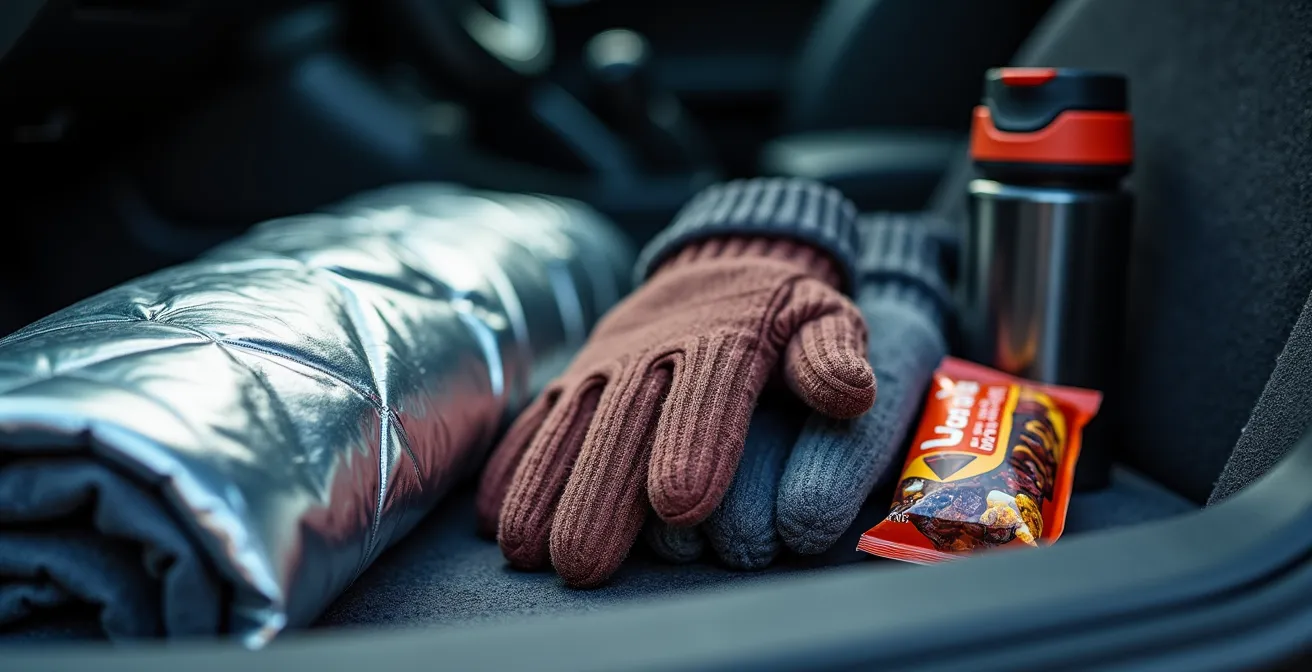 Vue macro détaillée d'équipements de survie hivernale essentiels pour l'automobile au Québec