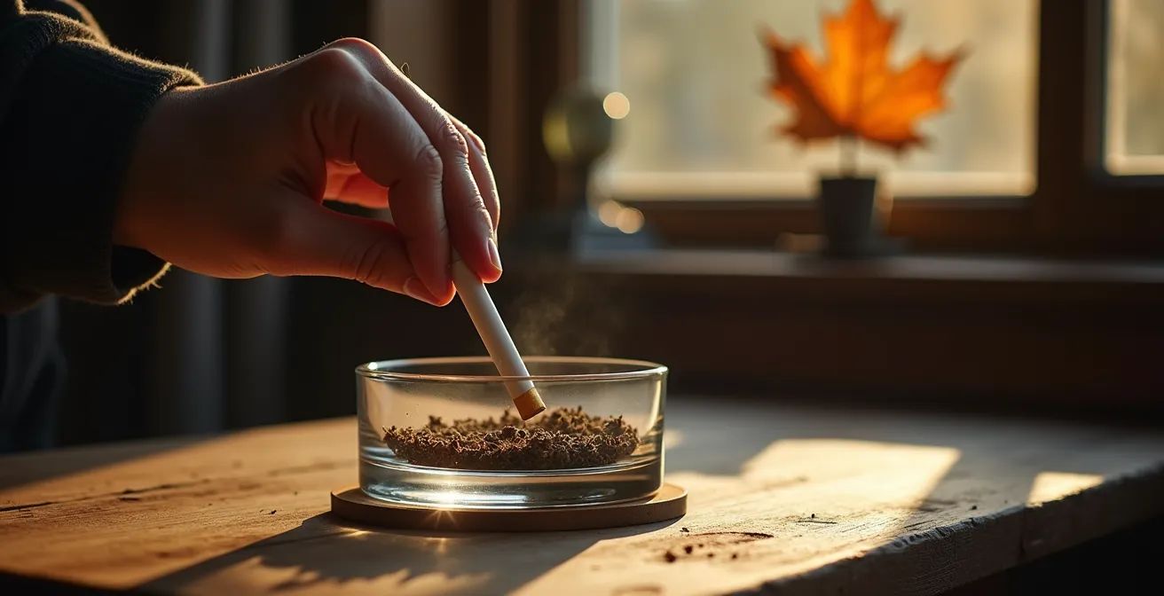Une main écrase fermement une dernière cigarette dans un cendrier, symbolisant la décision définitive d'arrêter de fumer.
