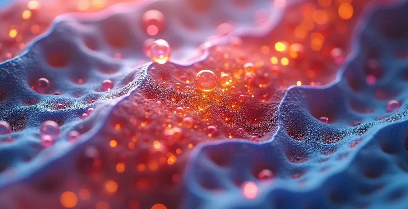 Vue macro détaillée montrant l'effet du cortisol sur les tissus corporels, illustrant l'inflammation.