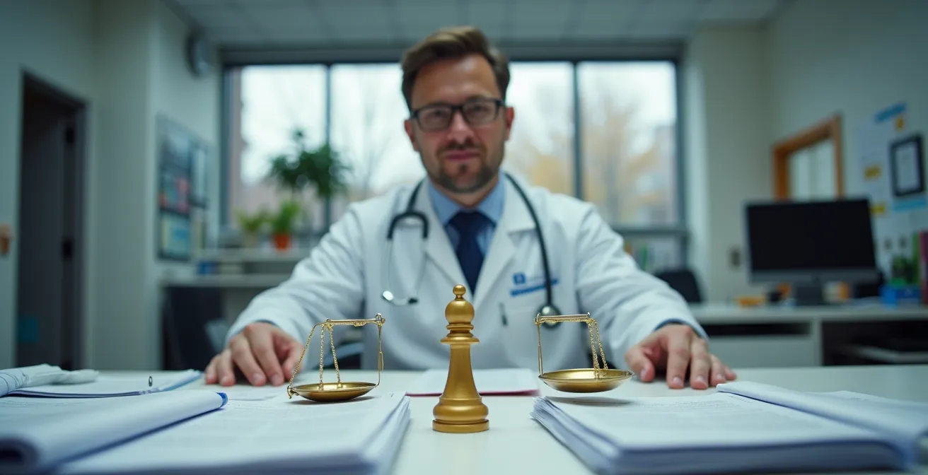 Médecin de famille québécois travaillant sur plusieurs dossiers avec symboles visuels des 4 rôles