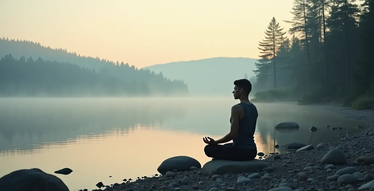 Personne méditant dans un environnement naturel canadien propice à la régénération