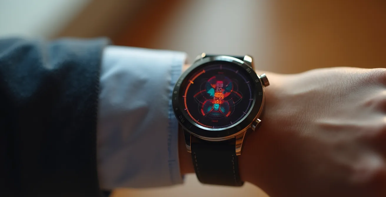 Gros plan sur une montre connectée affichant des données de santé avec des capteurs visibles