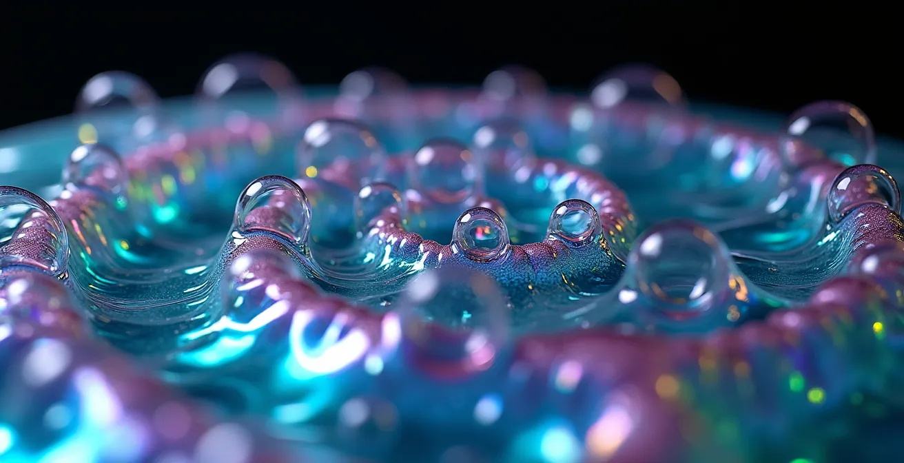 Vue macro d'une surface organique abstraite évoquant la transformation virale