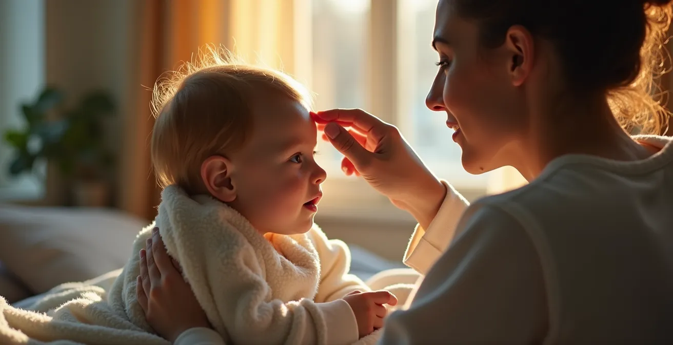 Parent vérifiant la température d'un enfant fiévreux avec calme et bienveillance