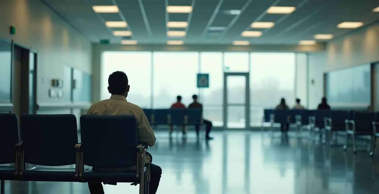 Patient en salle d'attente d'hôpital québécois, exprimant l'attente anxieuse du diagnostic