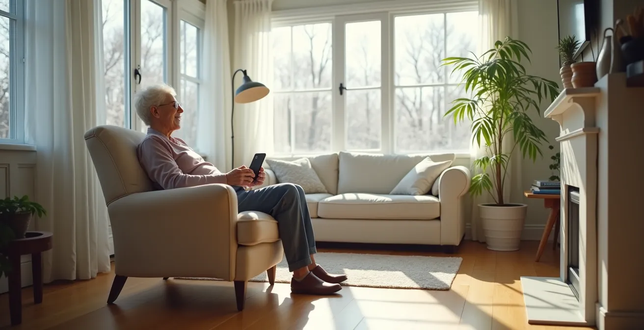 Vue d'ensemble d'un environnement domestique québécois avec patient âgé utilisant un tensiomètre connecté