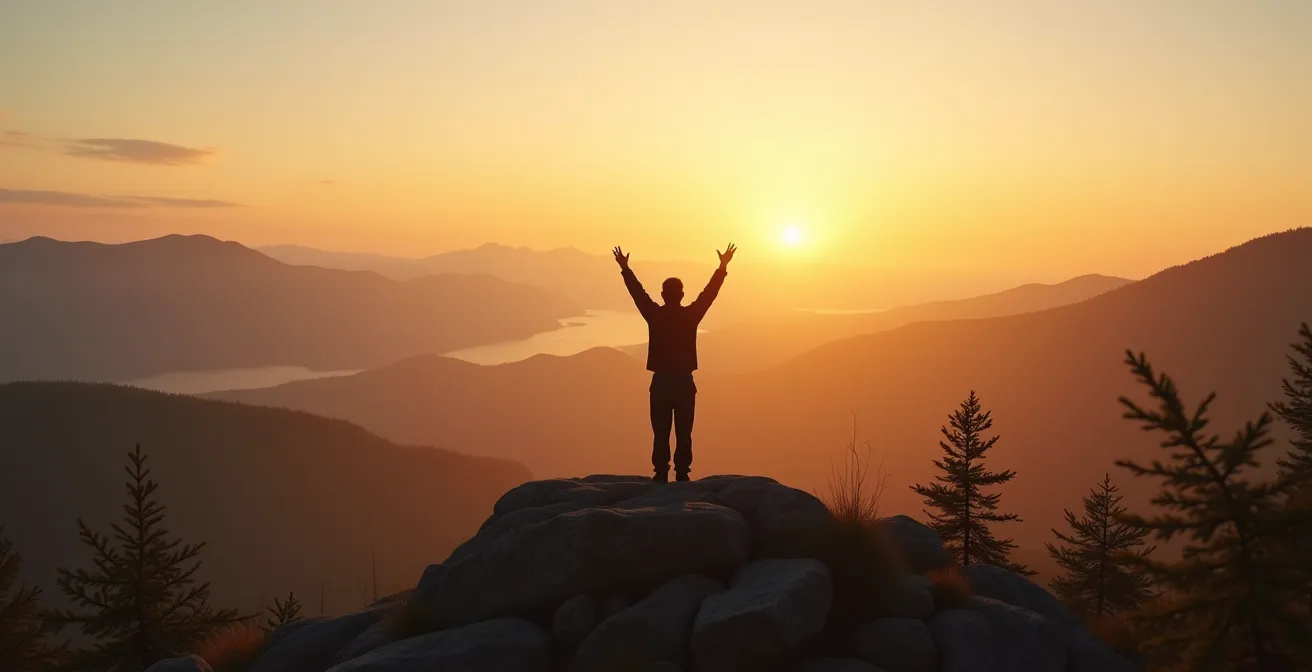 Vue panoramique d'un paysage québécois montagneux avec une personne respirant profondément au sommet, symbolisant la liberté respiratoire retrouvée.