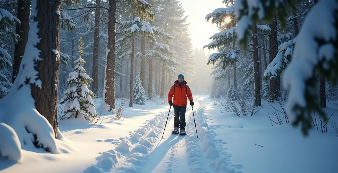 Randonneur en raquettes traversant une forêt enneigée québécoise, symbolisant l'activité physique comme pilier de la résilience.