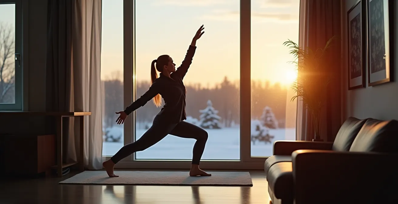 Personne pratiquant des étirements légers près d'une fenêtre enneigée dans un bureau