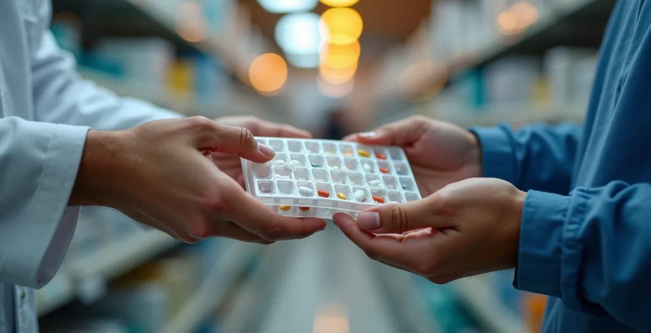 Pharmacien québécois expliquant un pilulier à un patient dans une pharmacie