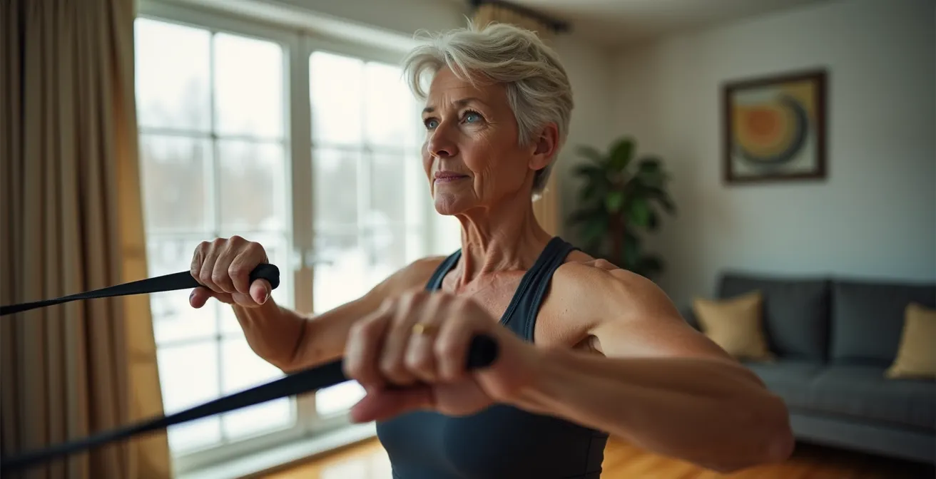 Personne effectuant des exercices de renforcement doux à domicile en préparation d'une chirurgie cardiaque