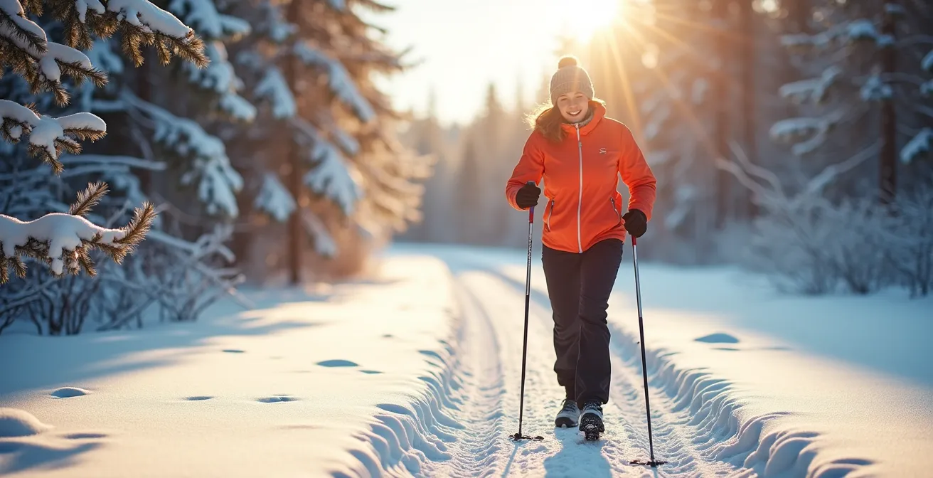 Personne marchant sur un sentier enneigé québécois avec bâtons de marche nordique dans un paysage hivernal lumineux