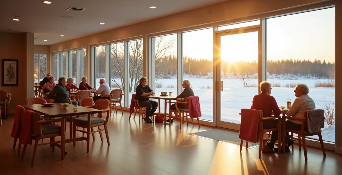 Vue environnementale d'une résidence québécoise pour aînés en hiver avec espaces de vie communautaires