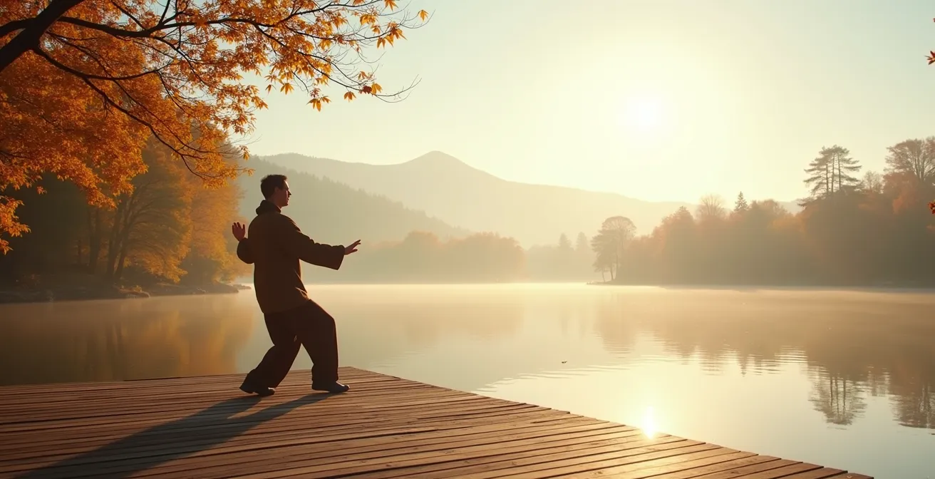 Vue large d'une personne pratiquant des étirements doux dans un parc québécois automnal