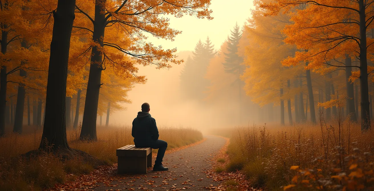 Vue grand angle d'un sentier forestier québécois en automne avec une silhouette contemplative