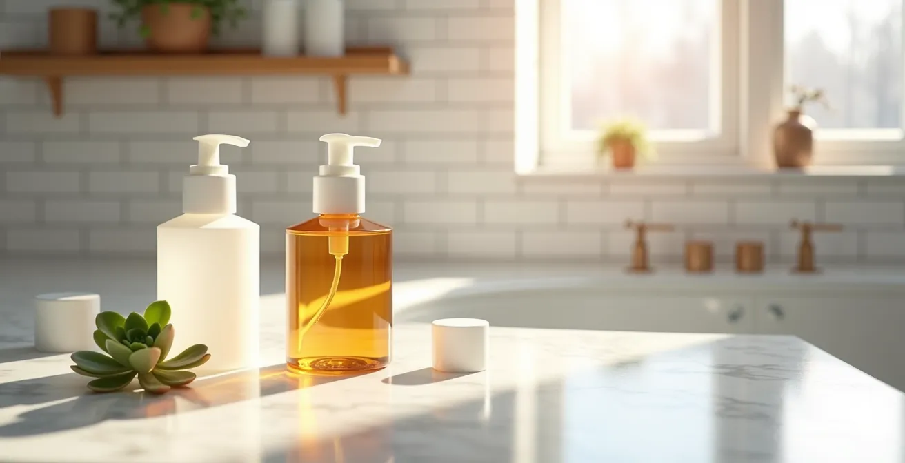 Produits de soins disposés sur comptoir de salle de bain québécoise avec lumière d'hiver