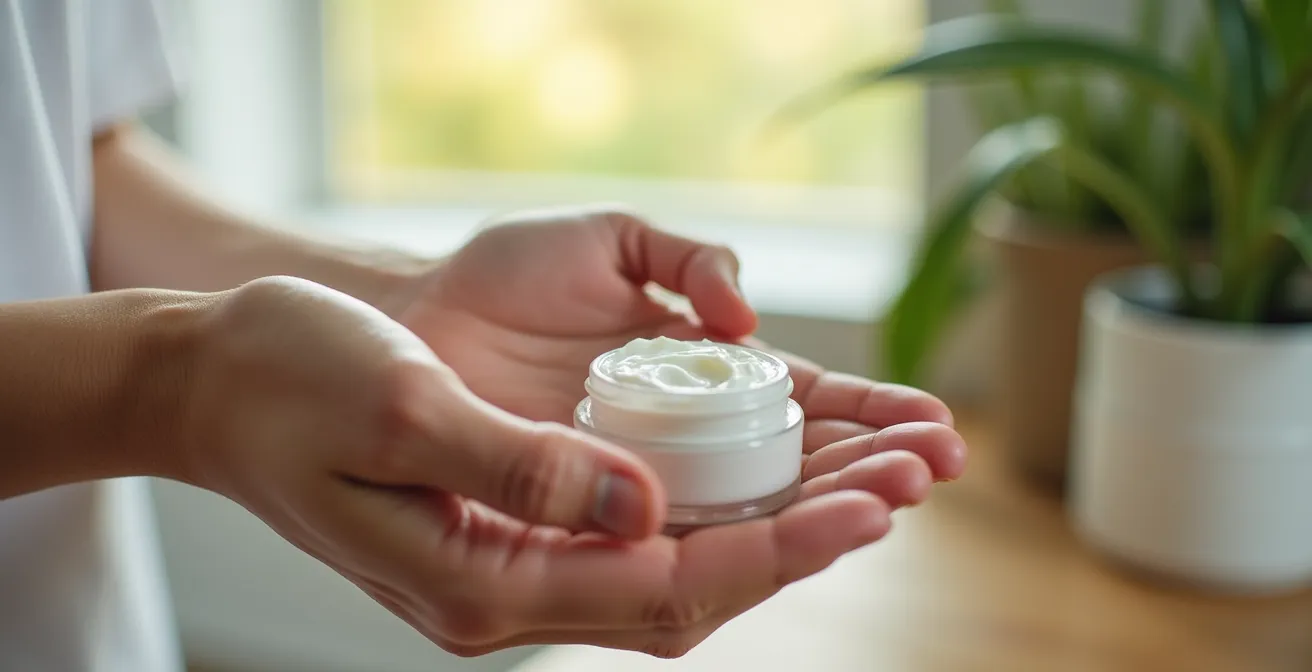 Main appliquant délicatement une crème apaisante sur une peau marquée par la radiothérapie