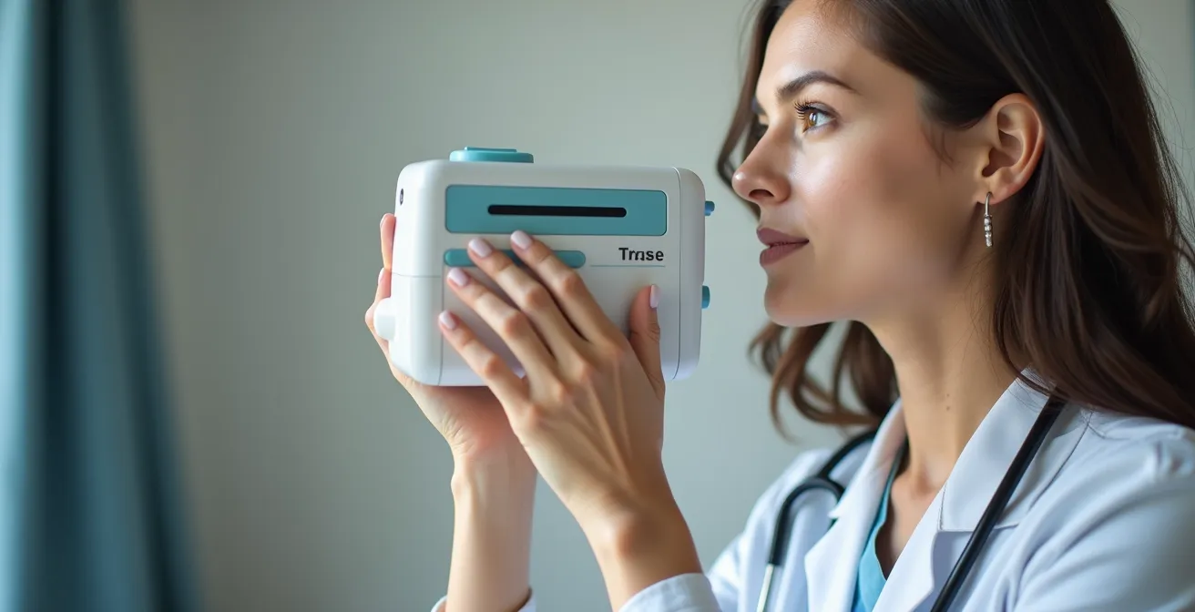 Personne soufflant dans un spiromètre médical lors d'un test de fonction pulmonaire