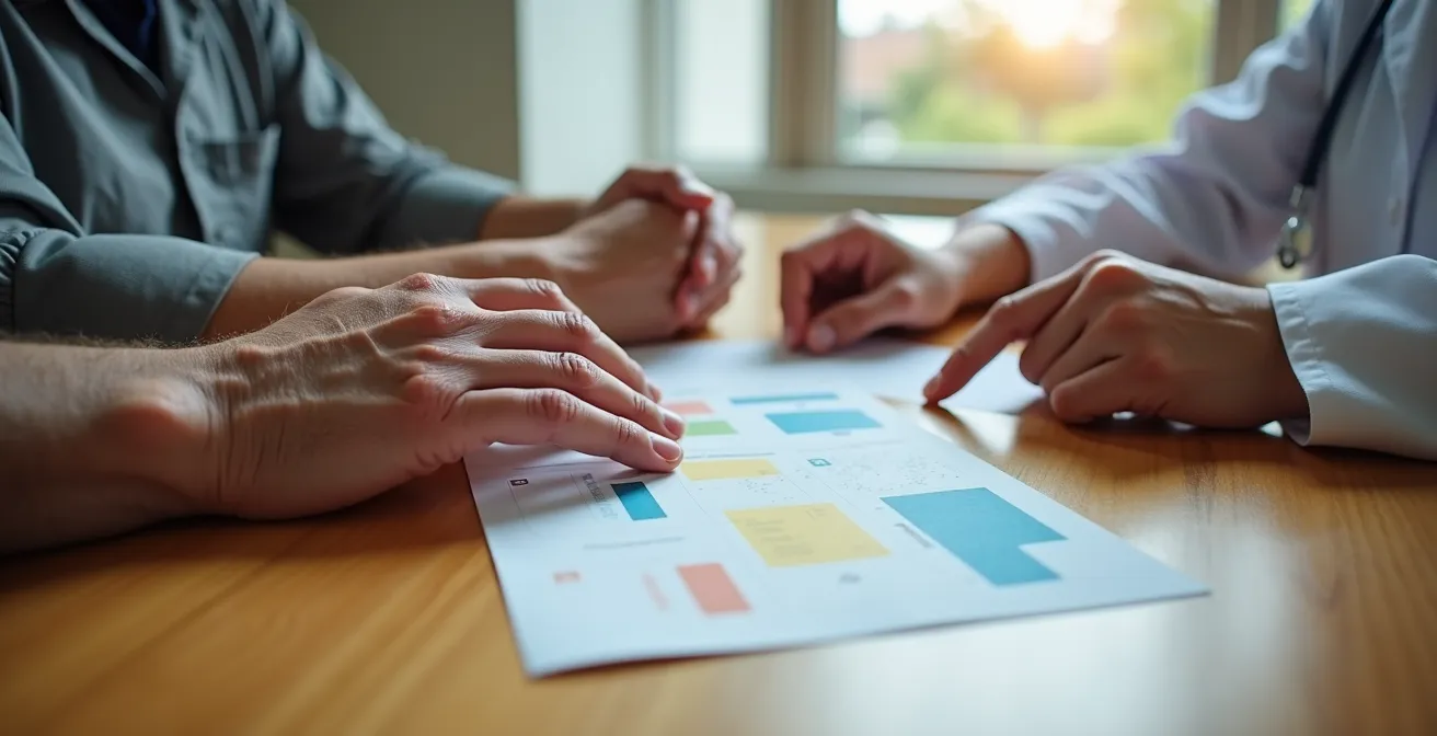 Patient et proche aidant consultant une carte de surveillance des symptômes avec une infirmière