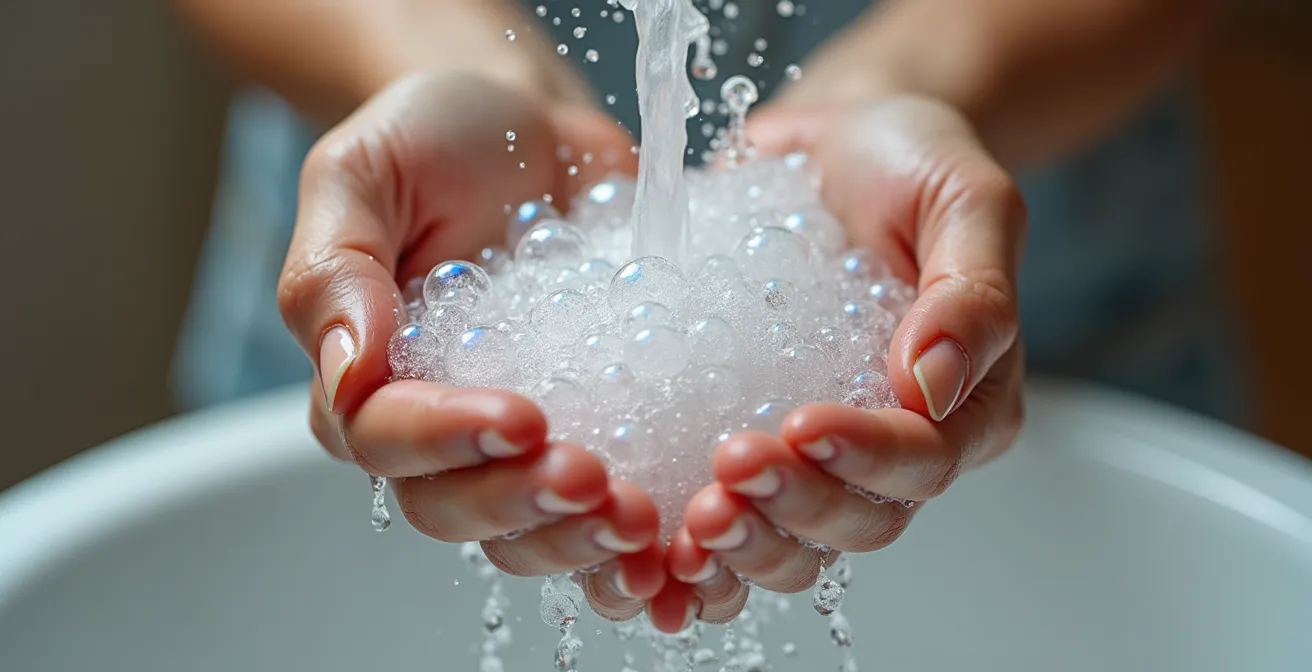 Démonstration visuelle de la technique de lavage des mains en sept étapes avec effet de mousse et d'eau