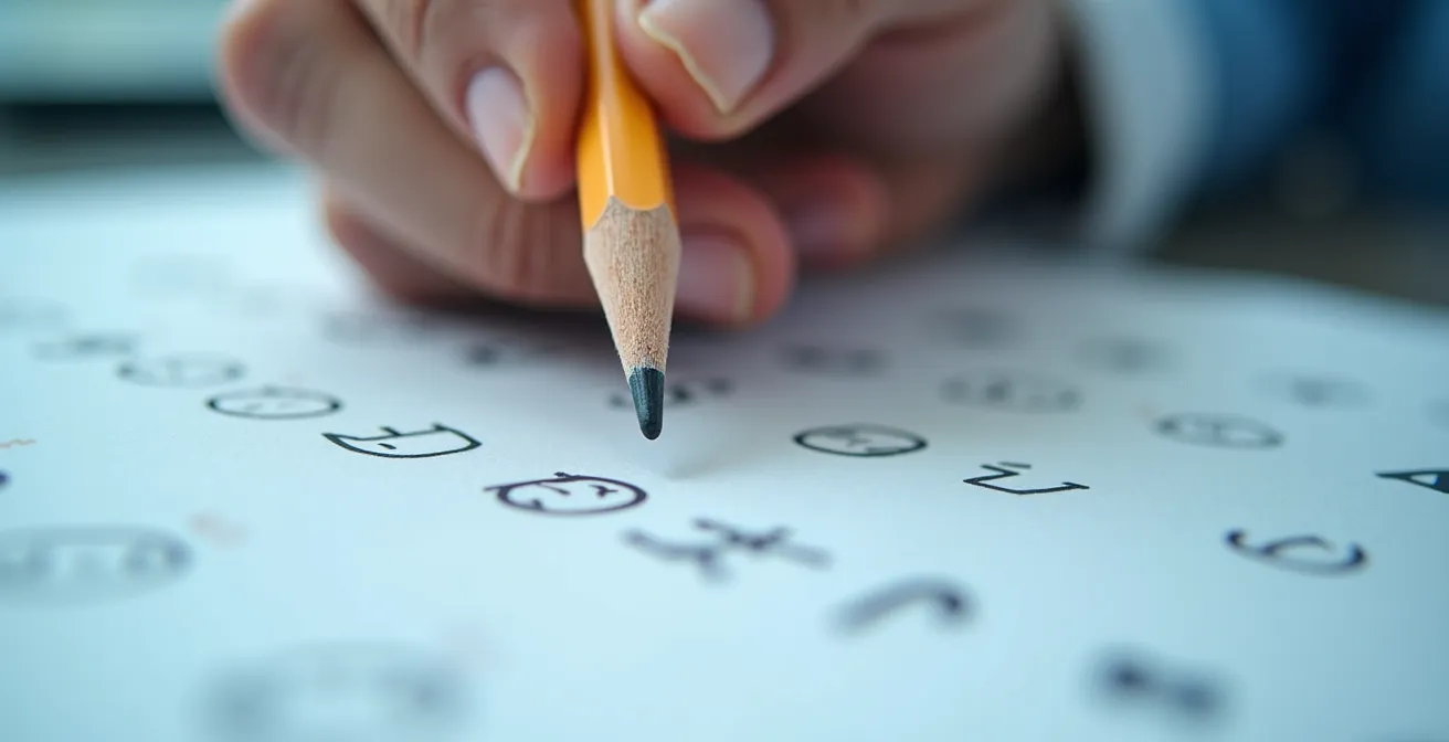 Vue macro d'une main tenant un crayon au-dessus d'une surface floue, symbolisant l'évaluation cognitive