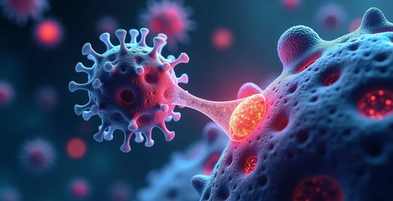 Visualisation microscopique de cellules T modifiées génétiquement en action contre les cellules cancéreuses