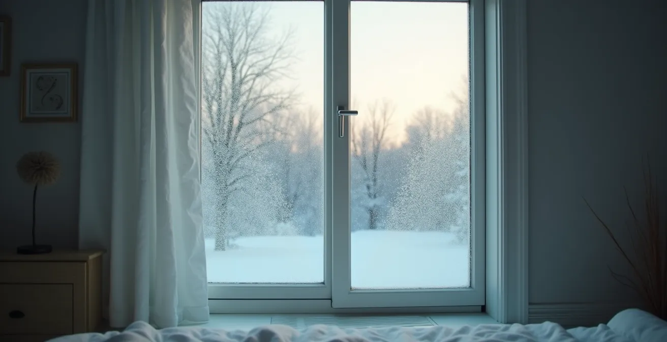 Visualisation de la circulation d'air frais entrant par une fenêtre ouverte dans un intérieur québécois en hiver